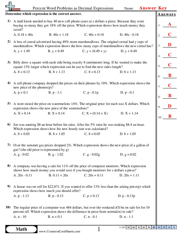  - Percent Word Problems as Decimal Expressions worksheet
